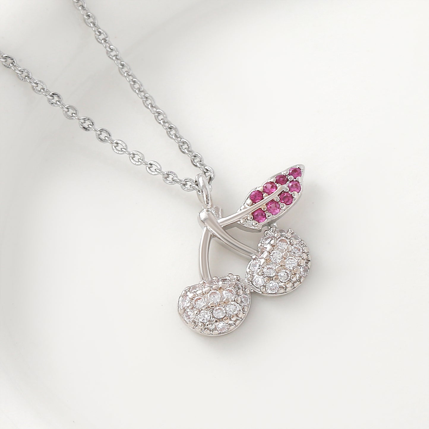 Cherry Pendant Necklace For Women In Copper With Platinum Plated Finish And Zircon Inlay On Cable Chain