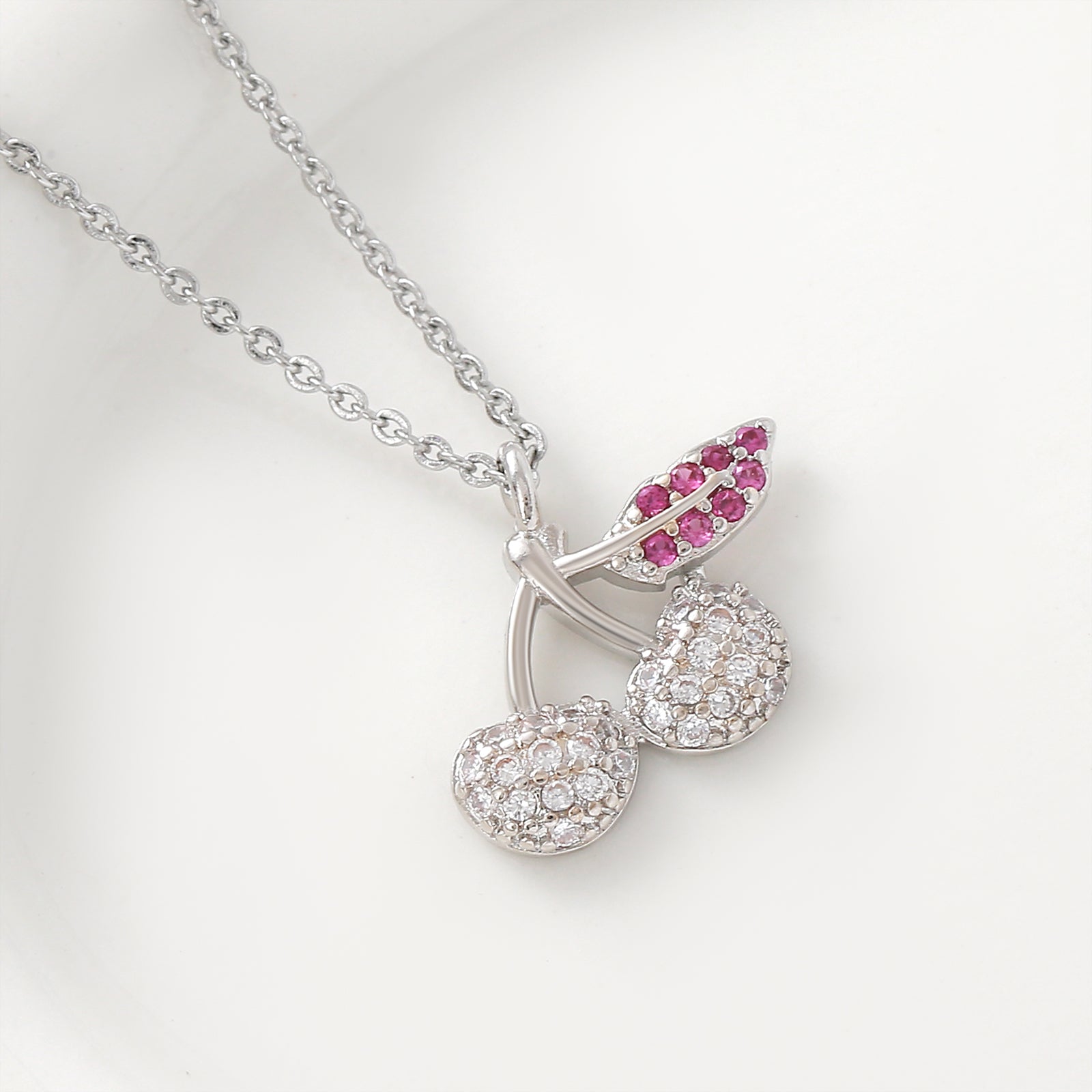 Cherry Pendant Necklace For Women In Copper With Platinum Plated Finish And Zircon Inlay On Cable Chain
