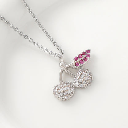 Cherry Pendant Necklace For Women In Copper With Platinum Plated Finish And Zircon Inlay On Cable Chain