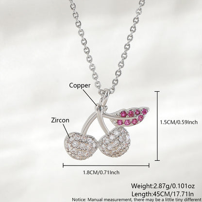 Cherry Pendant Necklace For Women In Copper With Platinum Plated Finish And Zircon Inlay On Cable Chain