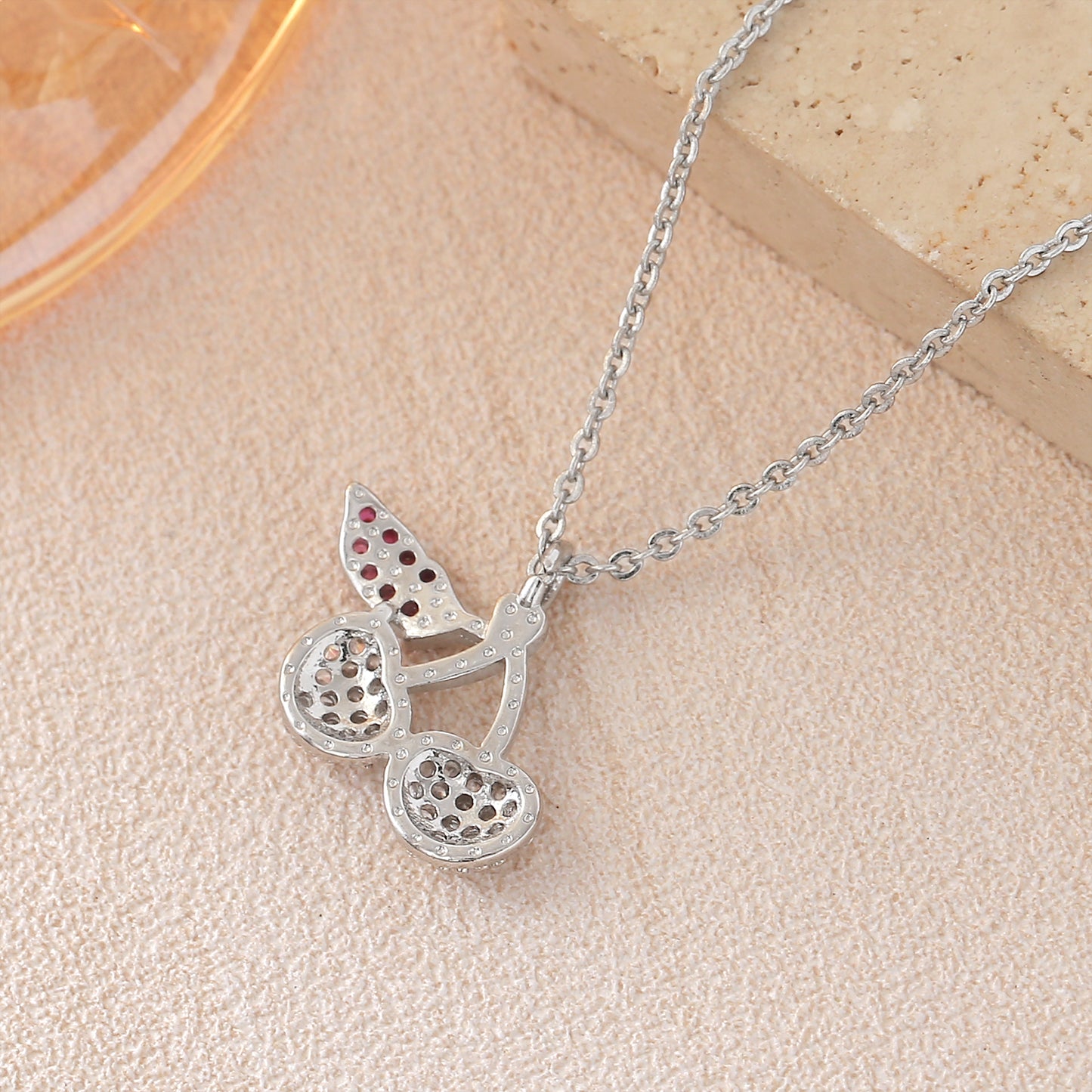 Cherry Pendant Necklace For Women In Copper With Platinum Plated Finish And Zircon Inlay On Cable Chain