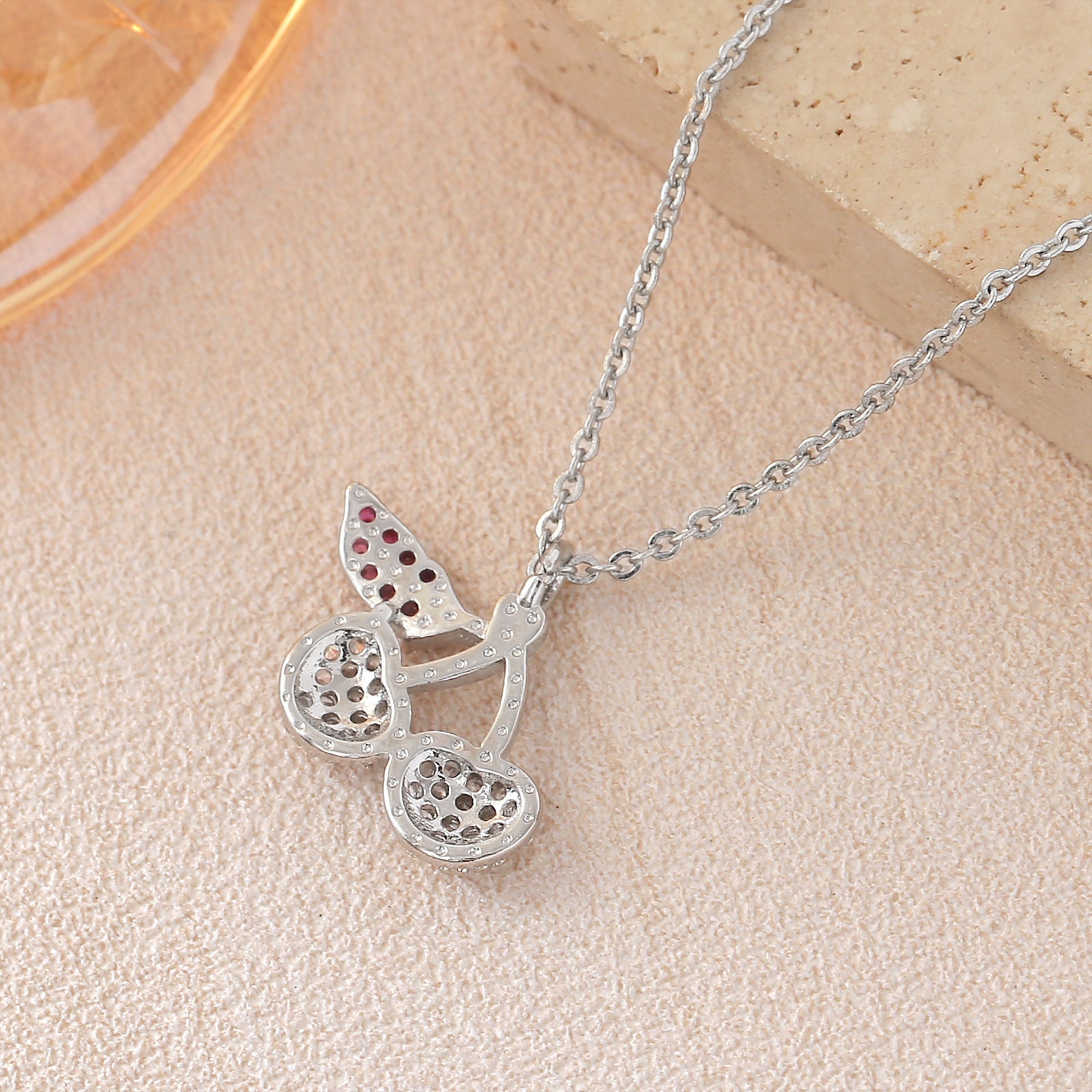 Cherry Pendant Necklace For Women In Copper With Platinum Plated Finish And Zircon Inlay On Cable Chain