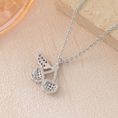 Cherry Pendant Necklace For Women In Copper With Platinum Plated Finish And Zircon Inlay On Cable Chain