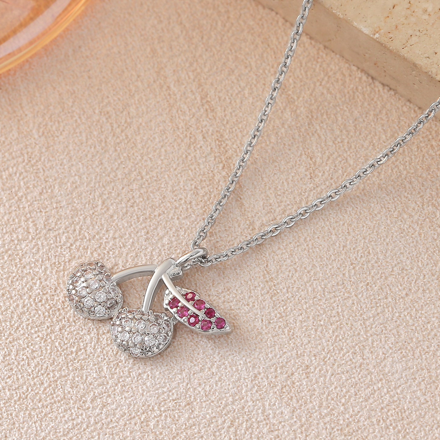 Cherry Pendant Necklace For Women In Copper With Platinum Plated Finish And Zircon Inlay On Cable Chain