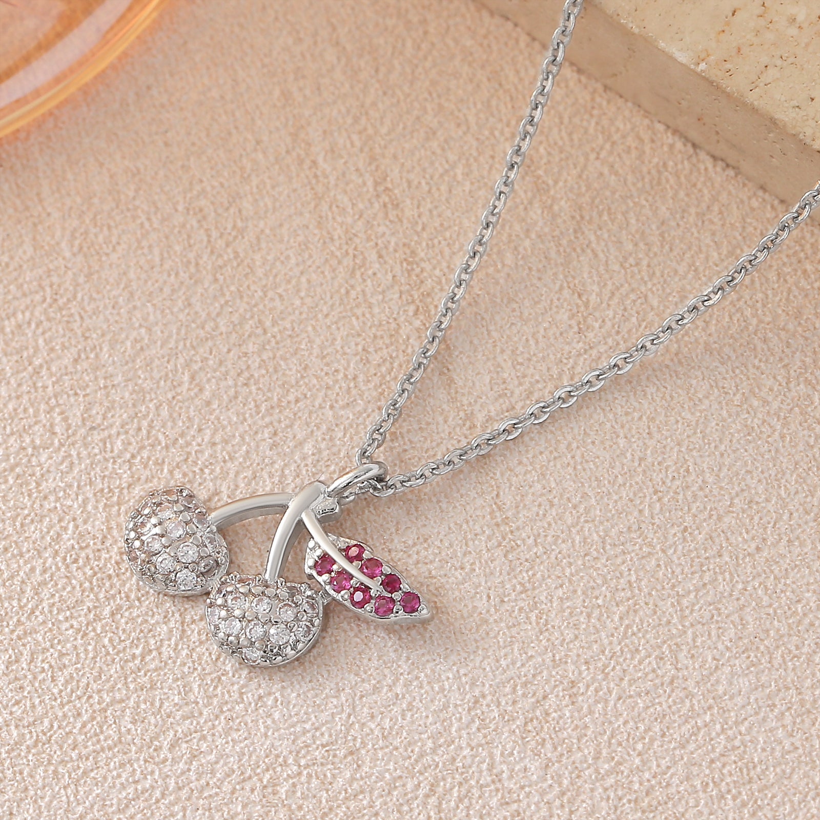 Cherry Pendant Necklace For Women In Copper With Platinum Plated Finish And Zircon Inlay On Cable Chain