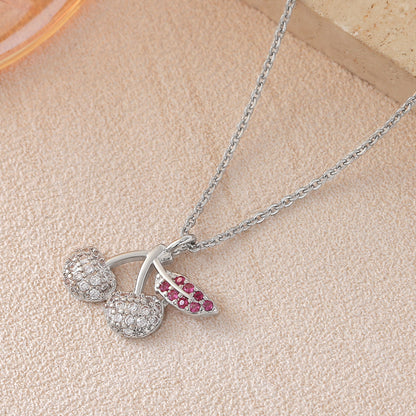 Cherry Pendant Necklace For Women In Copper With Platinum Plated Finish And Zircon Inlay On Cable Chain