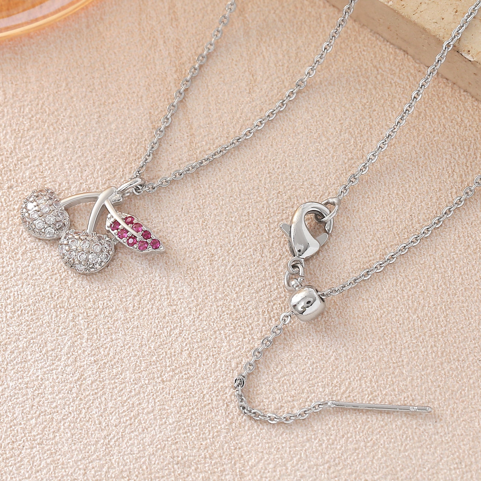 Cherry Pendant Necklace For Women In Copper With Platinum Plated Finish And Zircon Inlay On Cable Chain