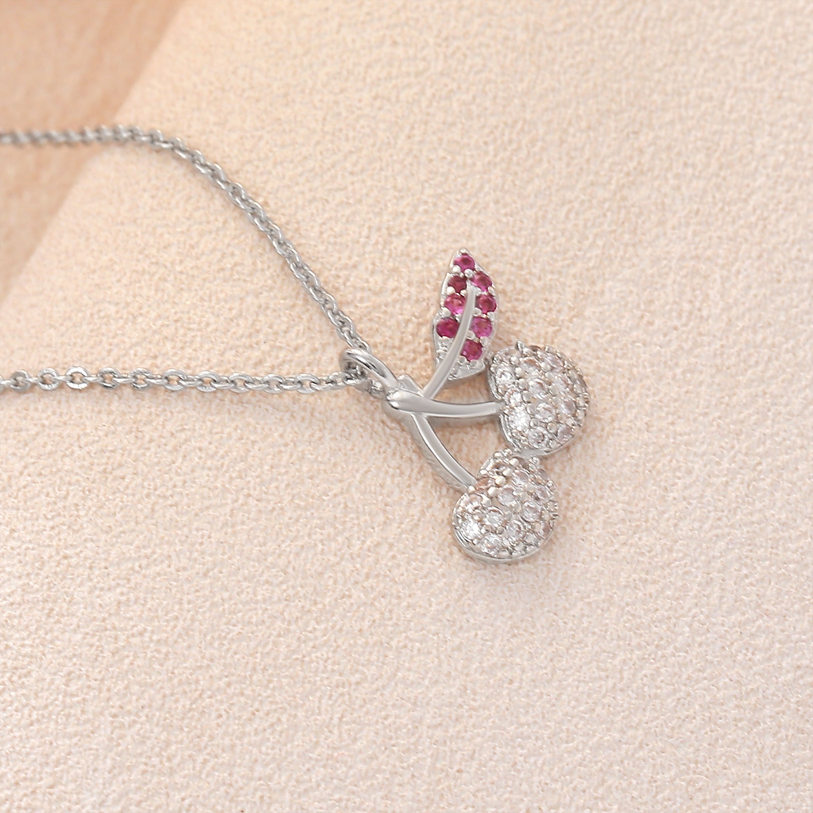 Cherry Pendant Necklace For Women In Copper With Platinum Plated Finish And Zircon Inlay On Cable Chain