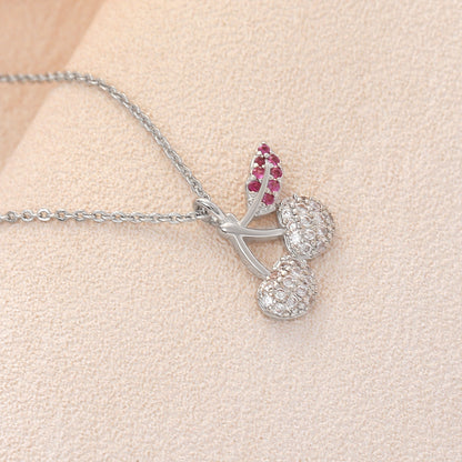 Cherry Pendant Necklace For Women In Copper With Platinum Plated Finish And Zircon Inlay On Cable Chain
