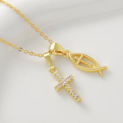 Cross Pendant Necklace For Women In Copper With 18K Real Gold Plated Finish Featuring Zircon On Cable Chain