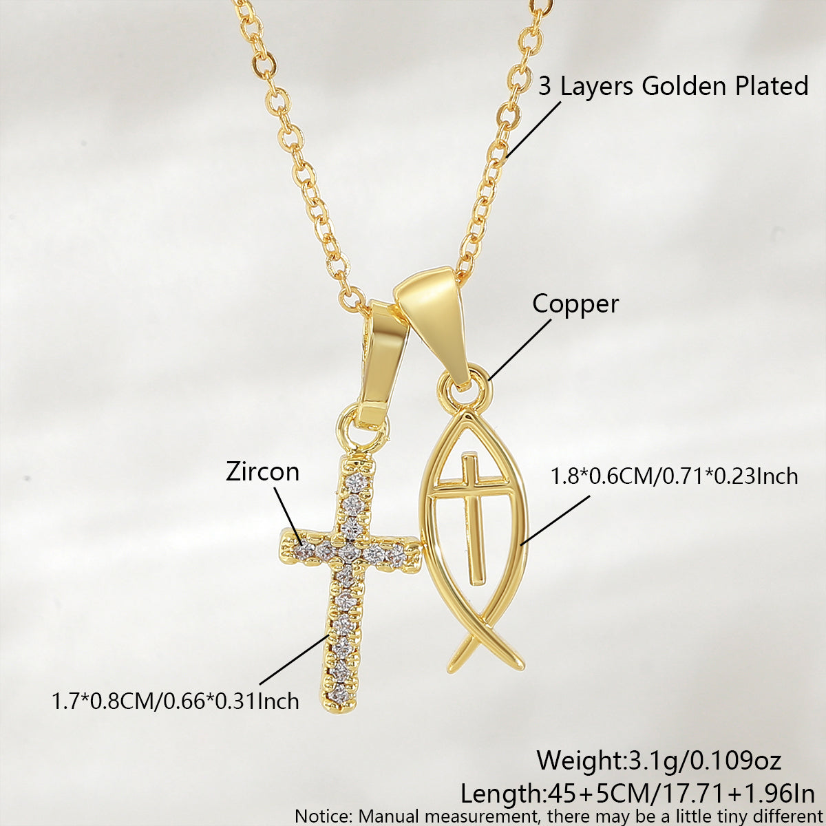 Cross Pendant Necklace For Women In Copper With 18K Real Gold Plated Finish Featuring Zircon On Cable Chain