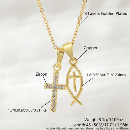 Cross Pendant Necklace For Women In Copper With 18K Real Gold Plated Finish Featuring Zircon On Cable Chain