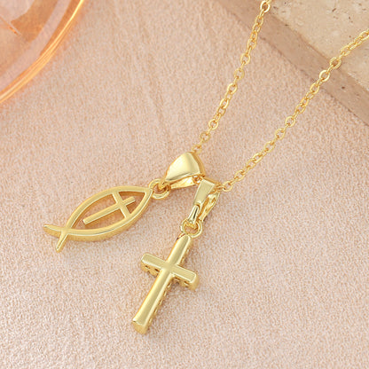 Cross Pendant Necklace For Women In Copper With 18K Real Gold Plated Finish Featuring Zircon On Cable Chain