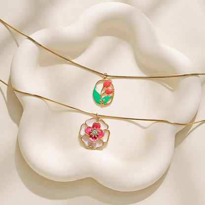 Flowers Pendant Necklace For Women In 304 Stainless Steel With 18K Real Gold Plated And Zircon Inlay On Snake Chain