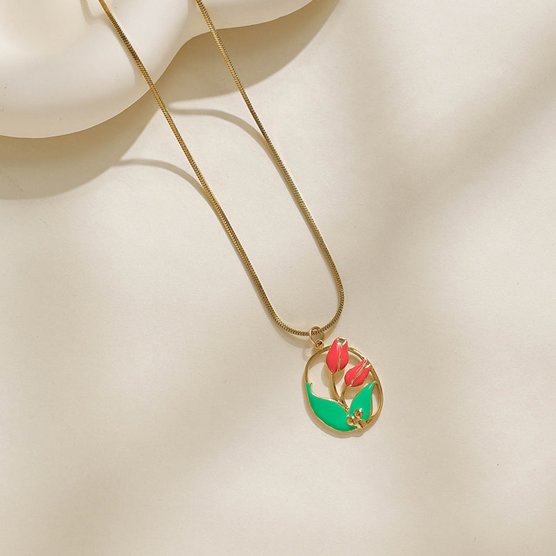 Flowers Pendant Necklace For Women In 304 Stainless Steel With 18K Real Gold Plated And Zircon Inlay On Snake Chain
