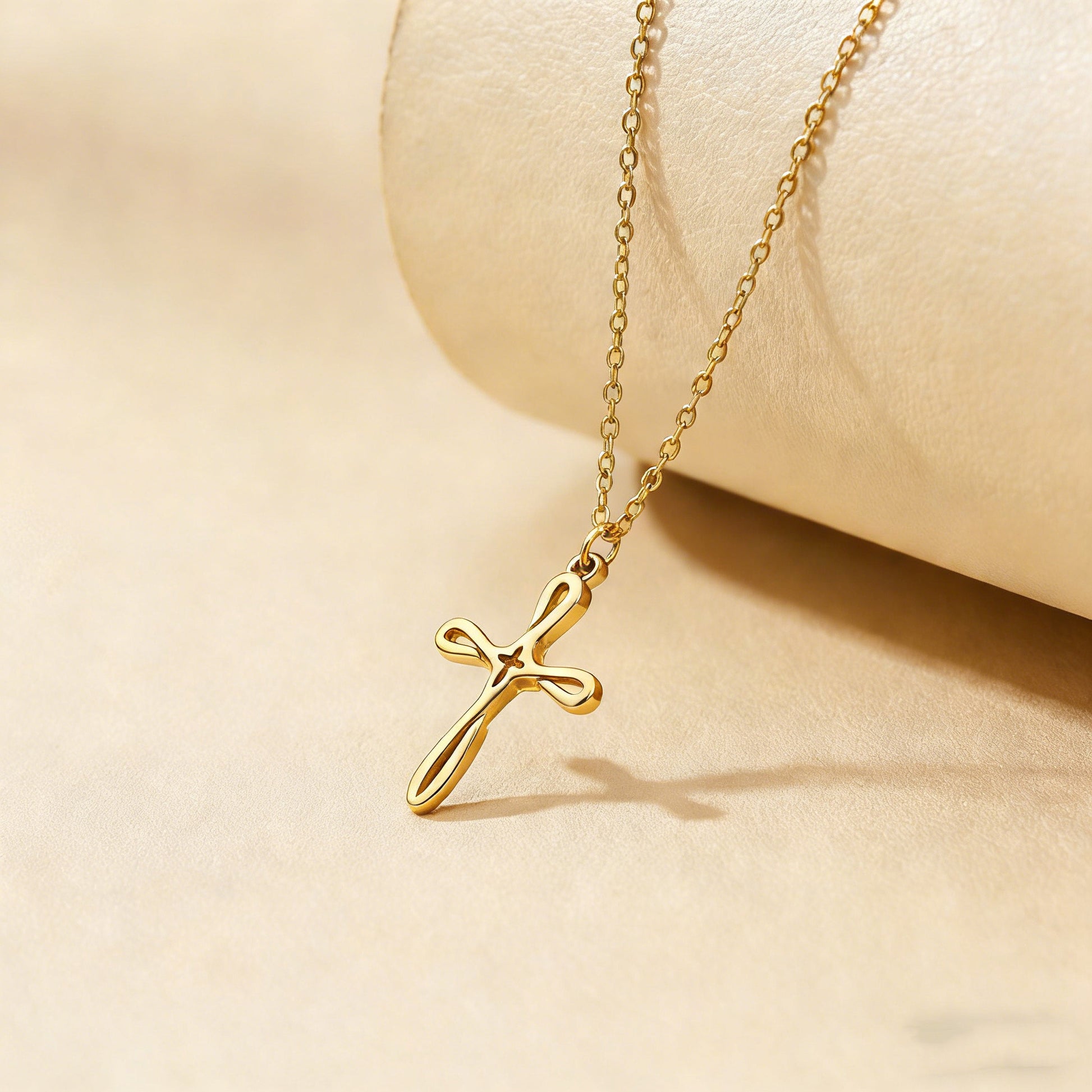 Three-dimensional Cross Necklace For Women In 304 Stainless Steel With 18K Real Gold Plated Cable Chain