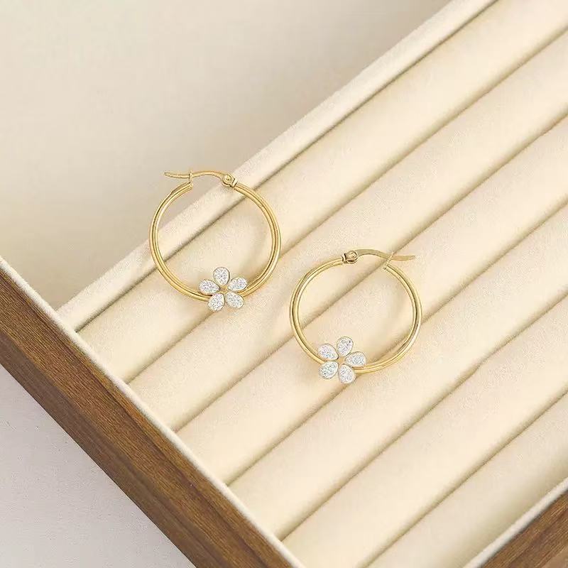 Round Stud Earrings For Women In 304 Stainless Steel With 18K Real Gold Plating And Zircon Inlay, Perfect For New Year