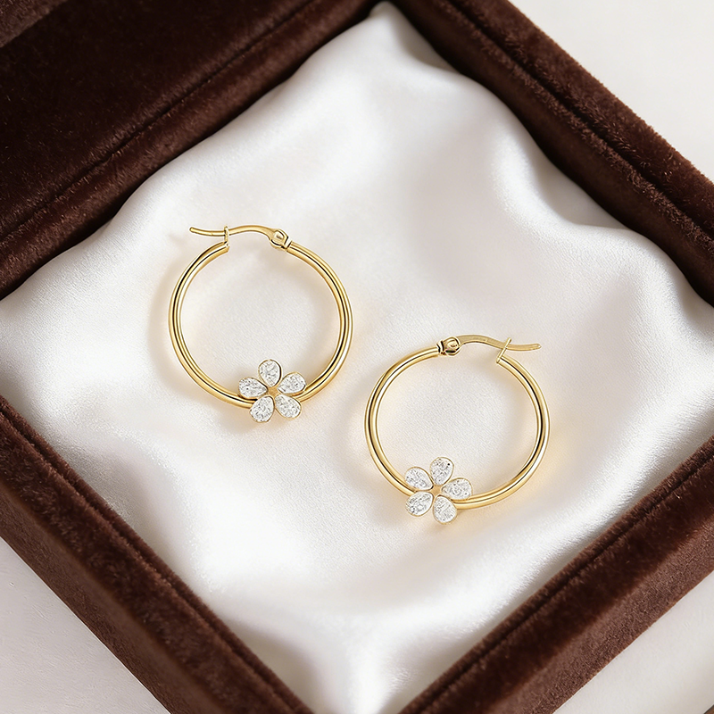 Round Stud Earrings For Women In 304 Stainless Steel With 18K Real Gold Plating And Zircon Inlay, Perfect For New Year