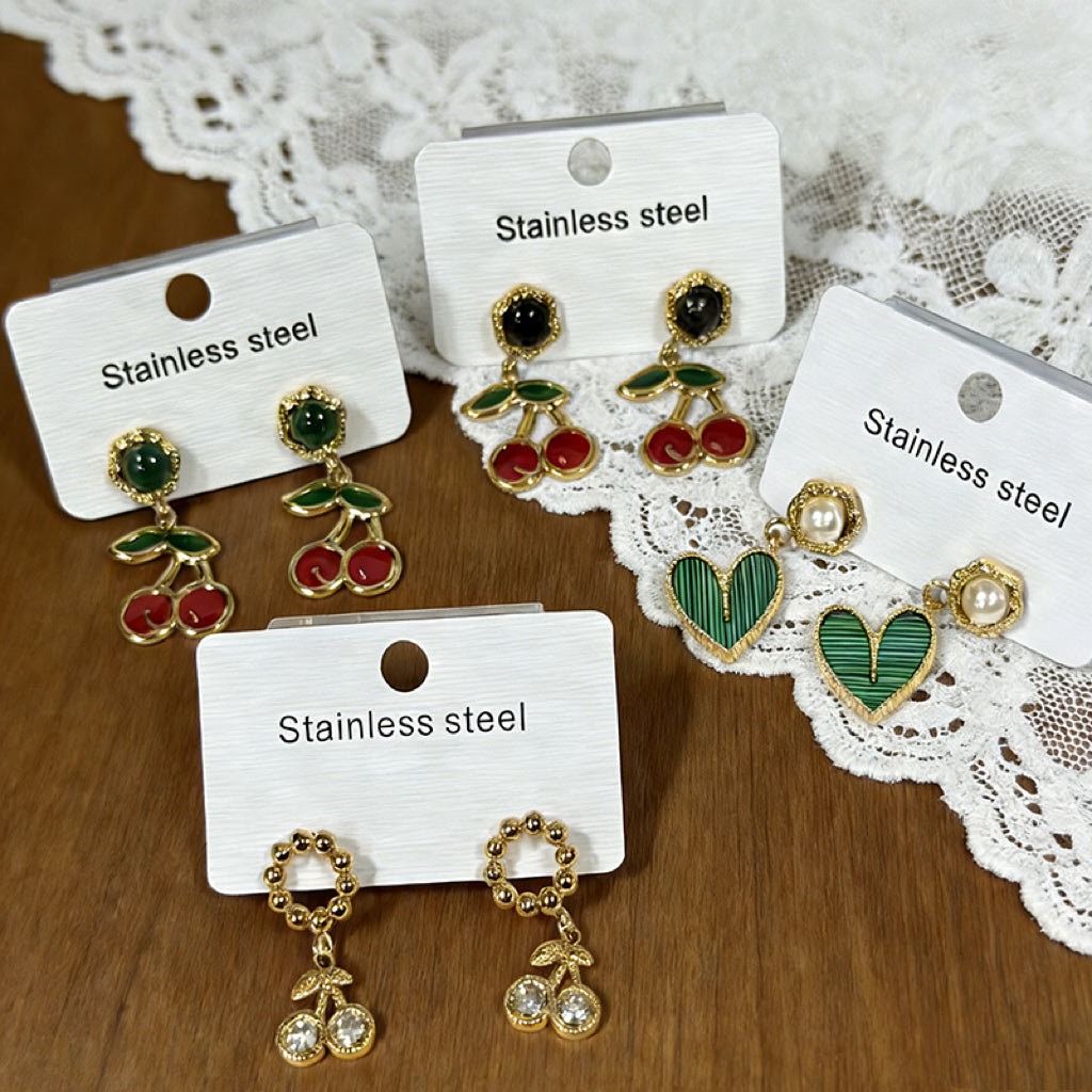 Cherry Drop Earrings For Women In 304 Stainless Steel With 18K Real Gold Plating And Artificial Diamond Inlay, Perfect For New Year