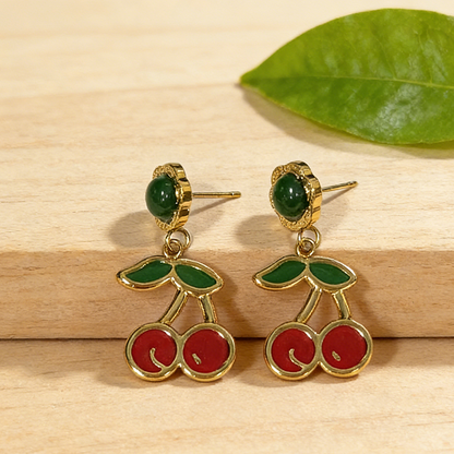 Cherry Drop Earrings For Women In 304 Stainless Steel With 18K Real Gold Plating And Artificial Diamond Inlay, Perfect For New Year