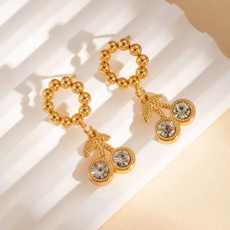 Cherry Drop Earrings For Women In 304 Stainless Steel With 18K Real Gold Plating And Artificial Diamond Inlay, Perfect For New Year