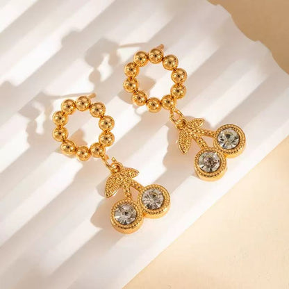 Cherry Drop Earrings For Women In 304 Stainless Steel With 18K Real Gold Plating And Artificial Diamond Inlay, Perfect For New Year