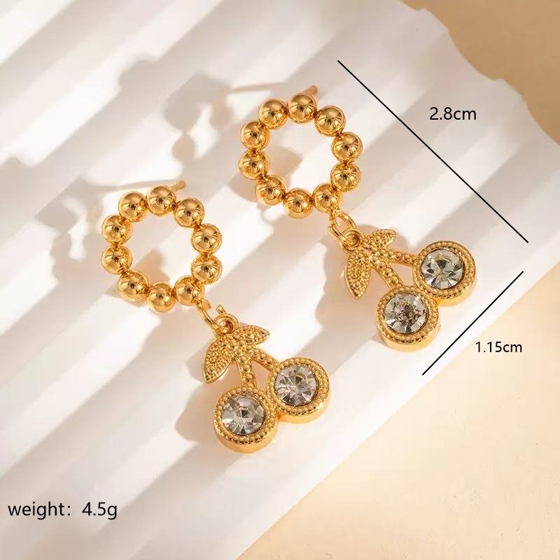 Cherry Drop Earrings For Women In 304 Stainless Steel With 18K Real Gold Plating And Artificial Diamond Inlay, Perfect For New Year