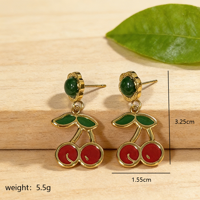Cherry Drop Earrings For Women In 304 Stainless Steel With 18K Real Gold Plating And Artificial Diamond Inlay, Perfect For New Year