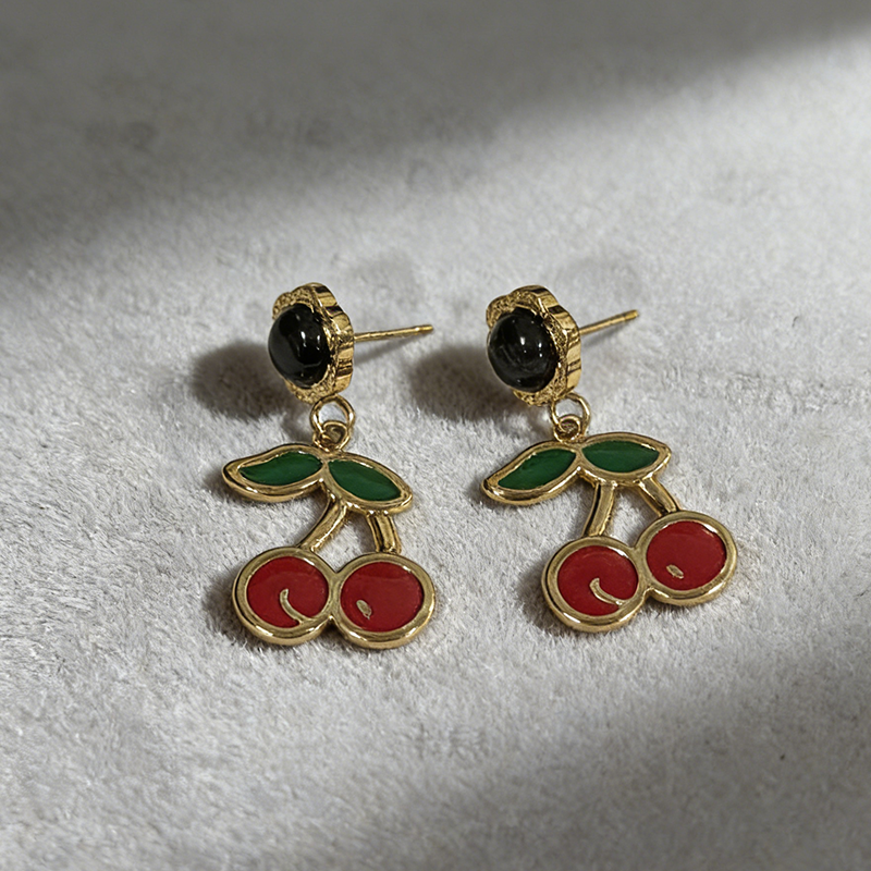 Cherry Drop Earrings For Women In 304 Stainless Steel With 18K Real Gold Plating And Artificial Diamond Inlay, Perfect For New Year