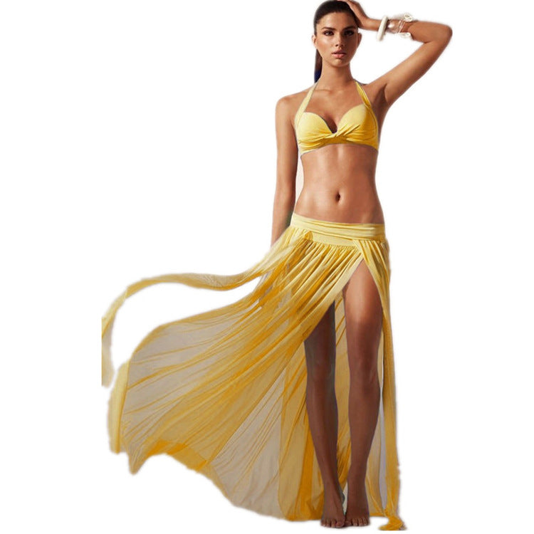 Women’s Rose Red Collarless Gauze Skirt Beach Dress, Perfect For Beach Outings