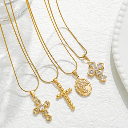 Unisex Cross Pendant Necklace With 304 Stainless Steel, 18K Gold Plating, Imitation Pearl On Snake Chain