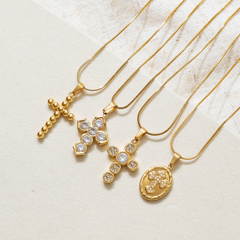 Unisex Cross Pendant Necklace With 304 Stainless Steel, 18K Gold Plating, Imitation Pearl On Snake Chain