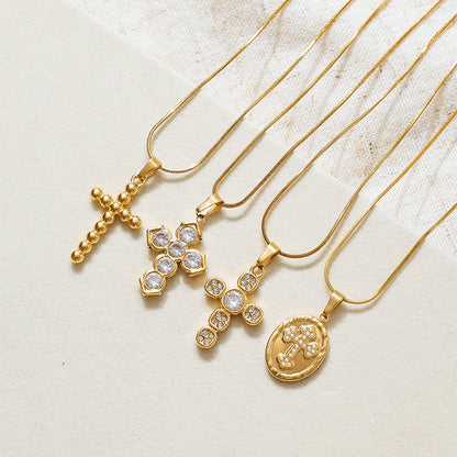 Unisex Cross Pendant Necklace With 304 Stainless Steel, 18K Gold Plating, Imitation Pearl On Snake Chain