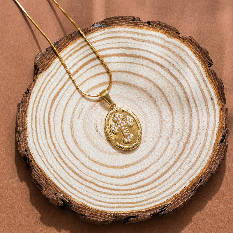 Unisex Cross Pendant Necklace With 304 Stainless Steel, 18K Gold Plating, Imitation Pearl On Snake Chain