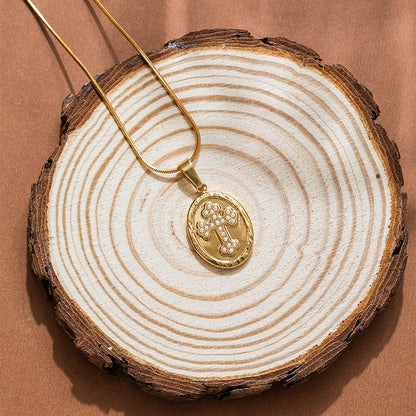 Unisex Cross Pendant Necklace With 304 Stainless Steel, 18K Gold Plating, Imitation Pearl On Snake Chain