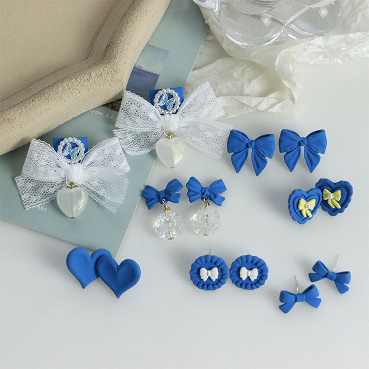 Sweet Blue Alloy Bow Tie Stud Earrings For Women, Stylish Jewelry Accessories