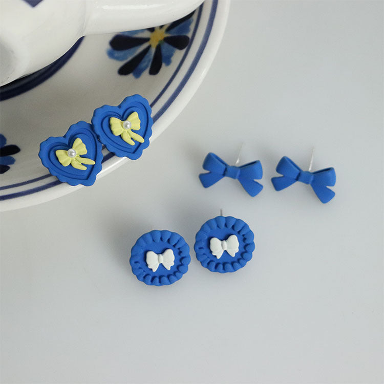 Sweet Blue Alloy Bow Tie Stud Earrings For Women, Stylish Jewelry Accessories
