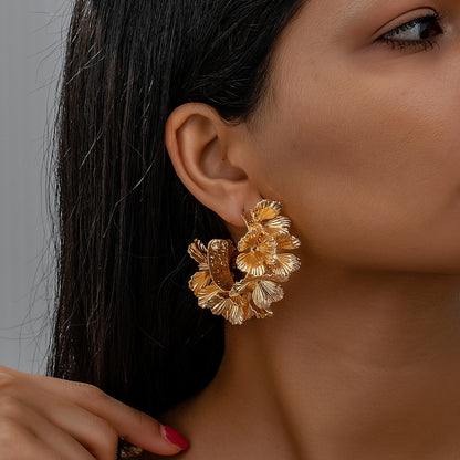 Golden Alloy Flowers Stud Earrings For Elegant Everyday Wear