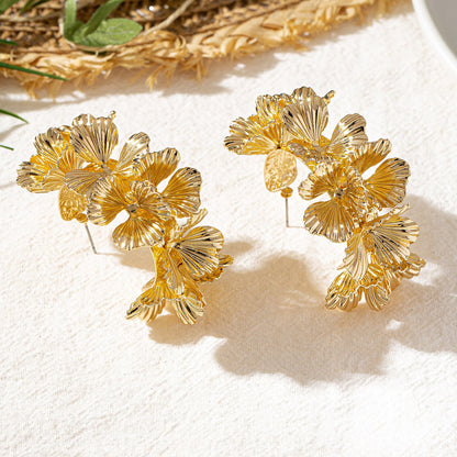 Golden Alloy Flowers Stud Earrings For Elegant Everyday Wear