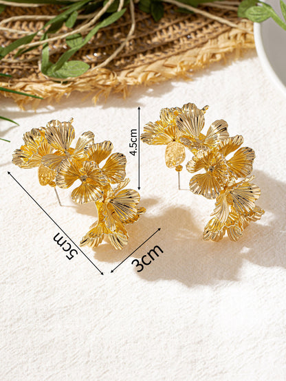 Golden Alloy Flowers Stud Earrings For Elegant Everyday Wear