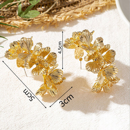 Golden Alloy Flowers Stud Earrings For Elegant Everyday Wear