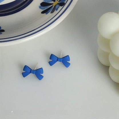 Sweet Blue Alloy Bow Tie Stud Earrings For Women, Stylish Jewelry Accessories