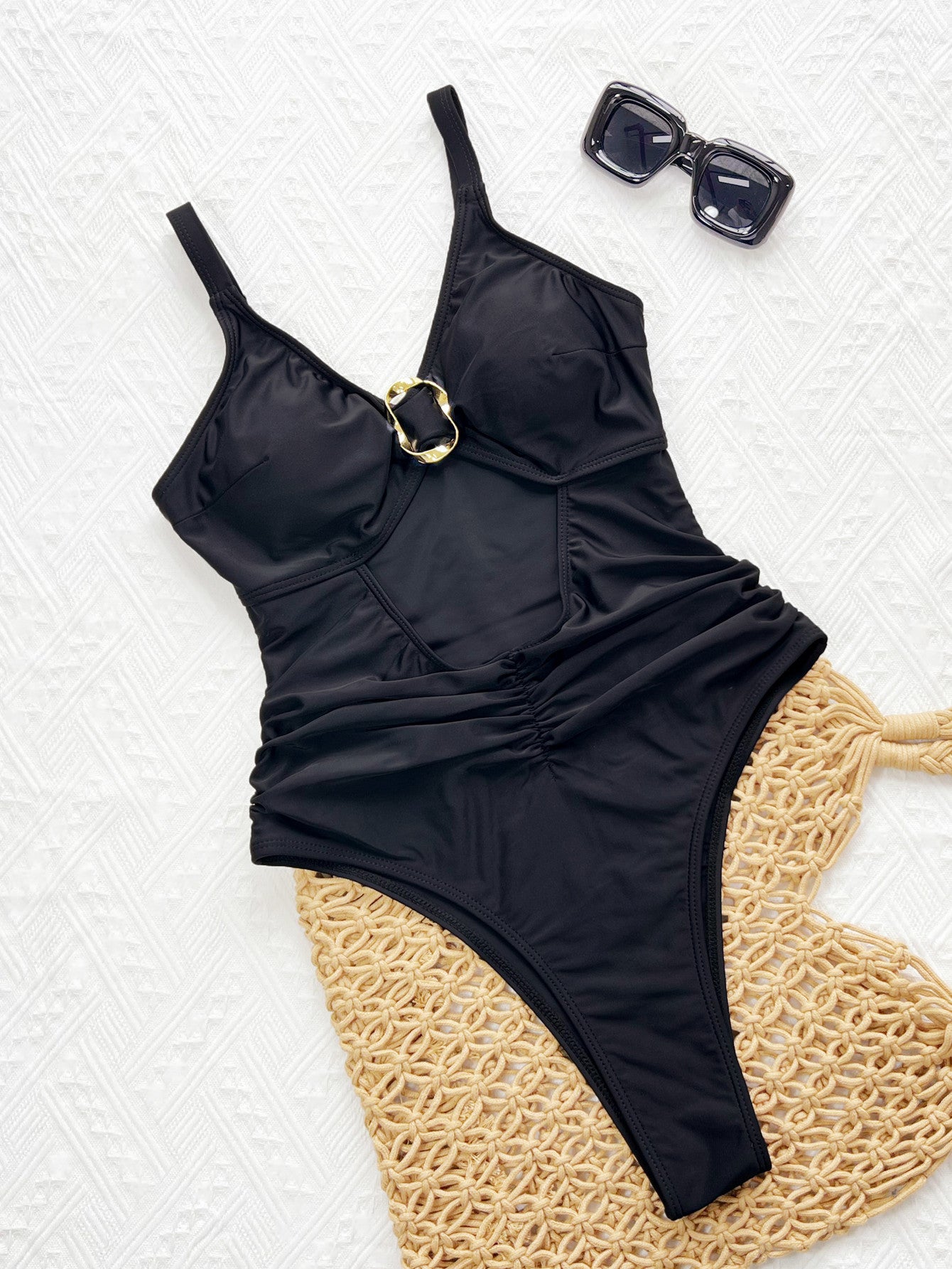 Solid Color Dyed Black One-piece Swimsuit In Nylon Fabric, Perfect For Swimming Pool