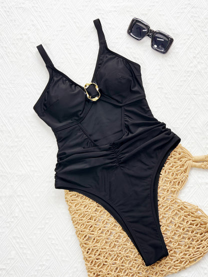 Solid Color Dyed Black One-piece Swimsuit In Nylon Fabric, Perfect For Swimming Pool