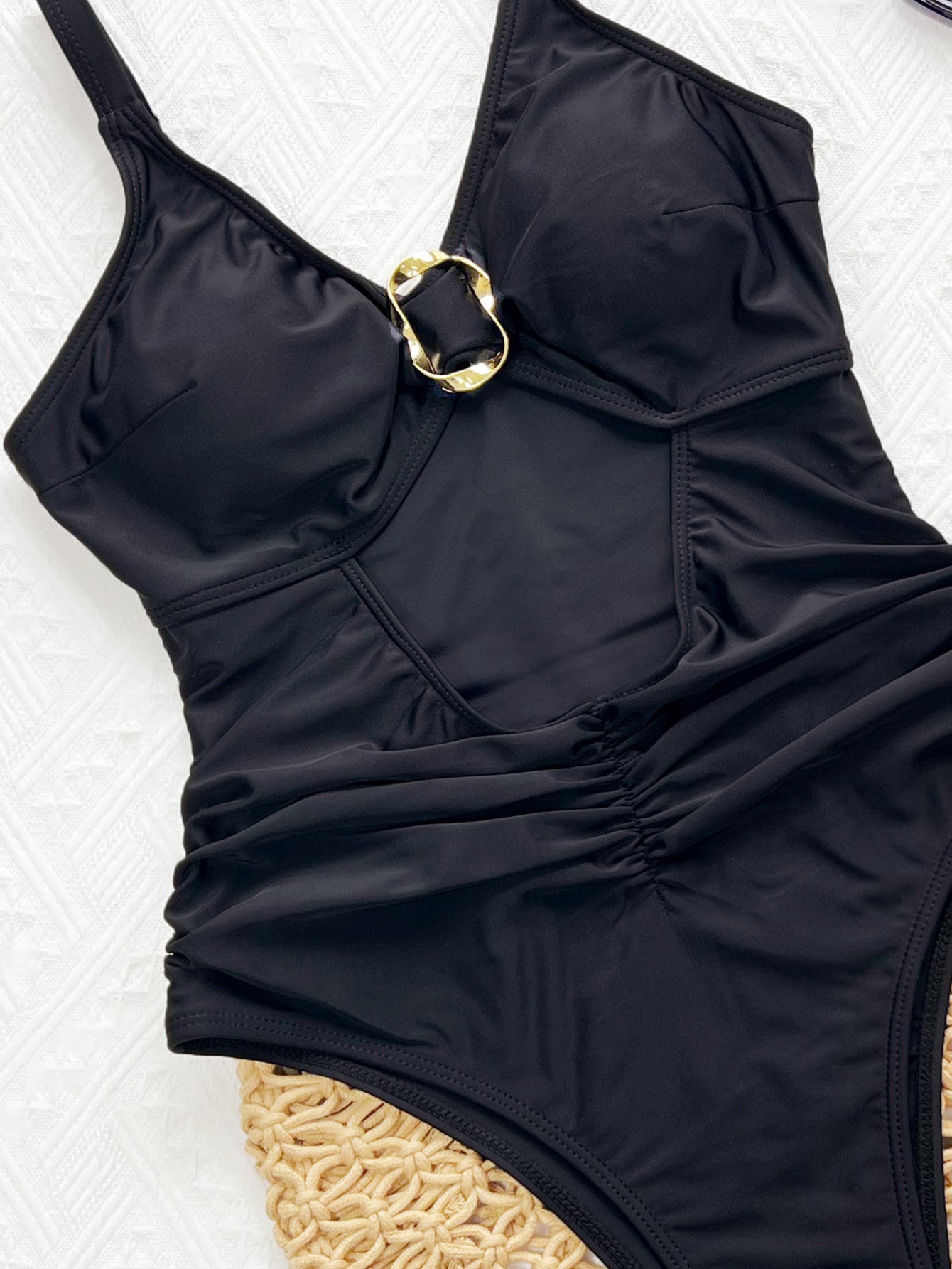 Solid Color Dyed Black One-piece Swimsuit In Nylon Fabric, Perfect For Swimming Pool