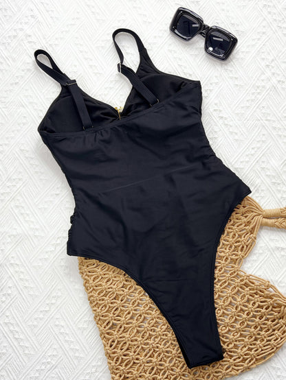 Solid Color Dyed Black One-piece Swimsuit In Nylon Fabric, Perfect For Swimming Pool