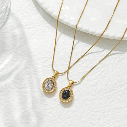 Oval Pendant Necklace For Women In 304 Stainless Steel With 18K Real Gold Plated Finish And Zircon Inlay On Snake Chain