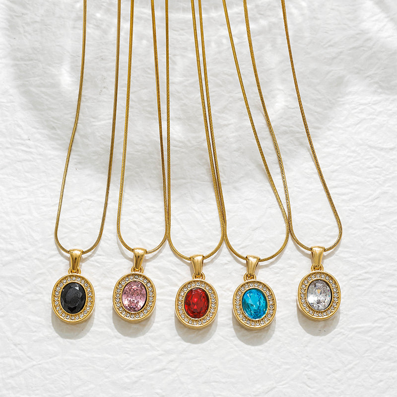 Oval Pendant Necklace For Women In 304 Stainless Steel With 18K Real Gold Plated Finish And Zircon Inlay On Snake Chain