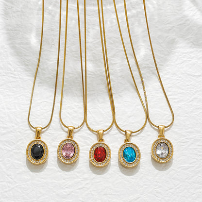 Oval Pendant Necklace For Women In 304 Stainless Steel With 18K Real Gold Plated Finish And Zircon Inlay On Snake Chain