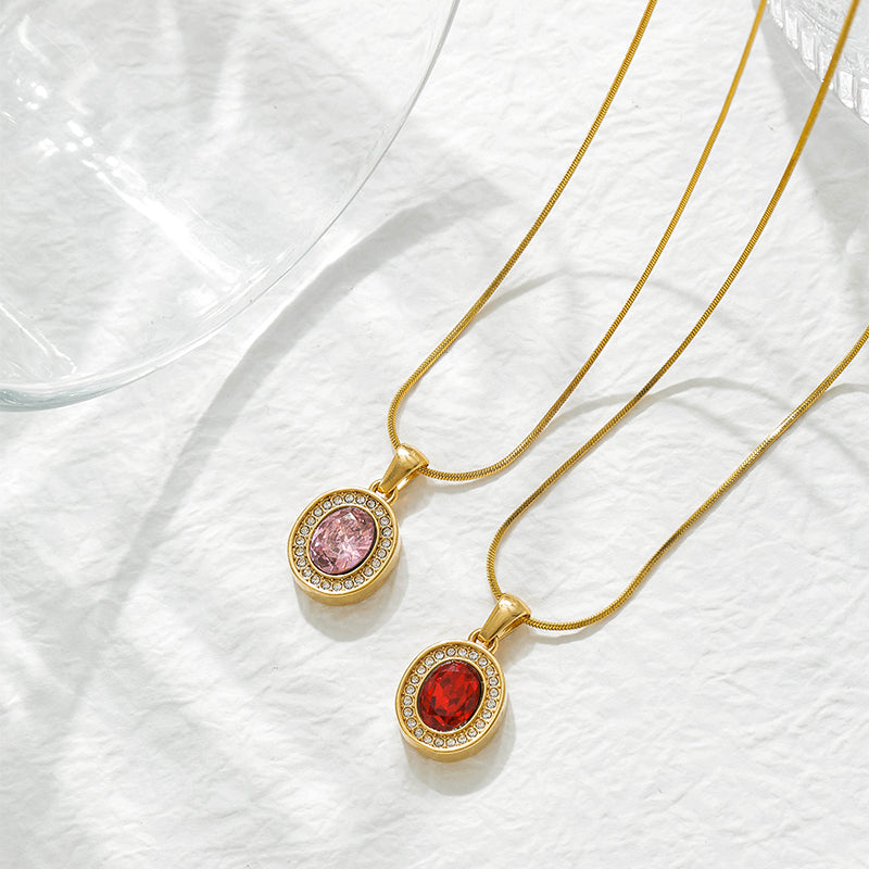 Oval Pendant Necklace For Women In 304 Stainless Steel With 18K Real Gold Plated Finish And Zircon Inlay On Snake Chain